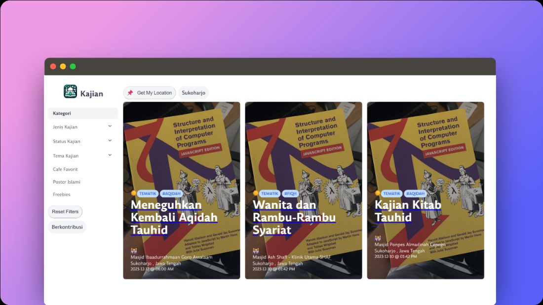 Tampilan antarmuka Platform Kajian menampilkan daftar kajian Islam dengan detail lokasi dan waktu